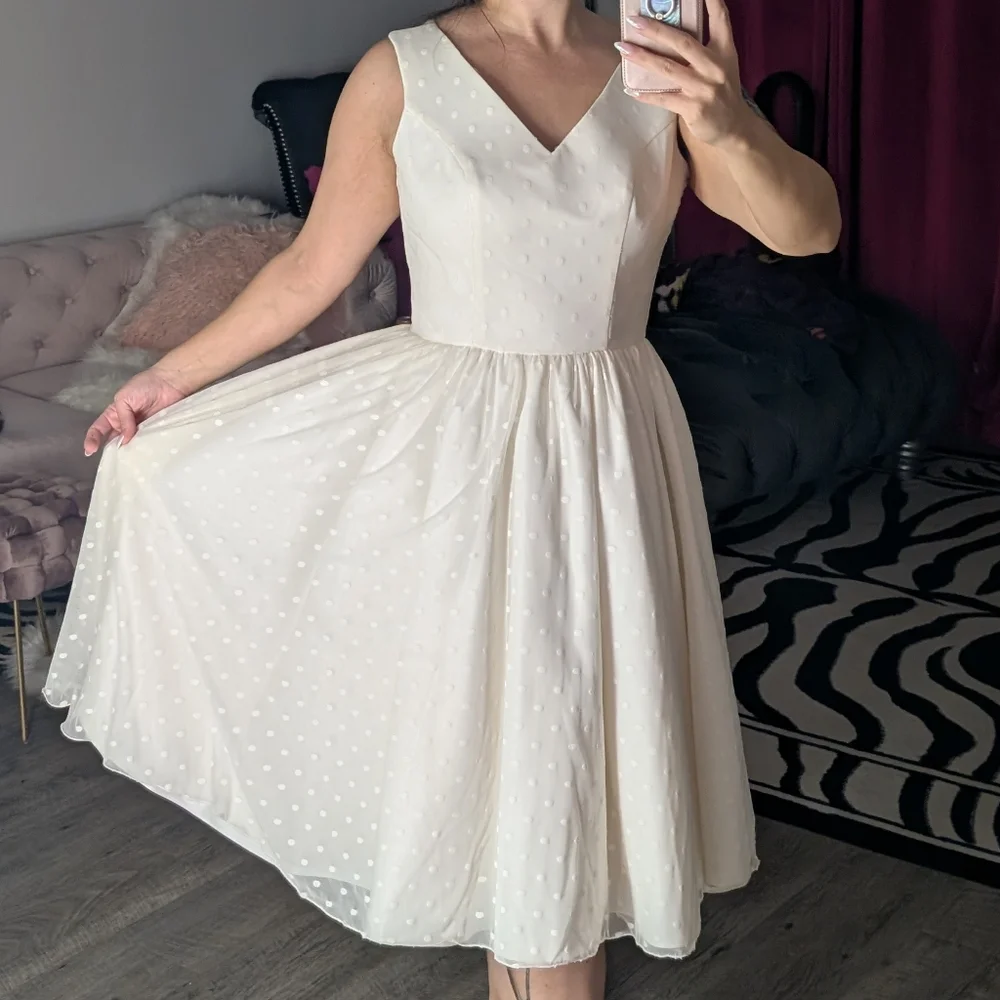 Dolly Parton Couture Bride White Polka dot Swing Wedding Dress Lg Retro Vintage - Picture 3 of 13